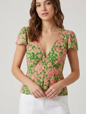 Topshop Floral Green & Pink V-Neck Women's Top